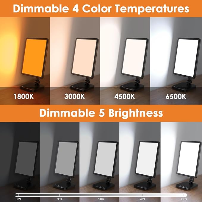 Light Therapy Lamp，UV-Free 12000 Lux Sun Lamp with Adjustable 5 Brightness & 1800-6500K Color Temperatures & 1H Timer Functions，Rotable Large Surface with One-toch MAX Brightness Sunlight Lamp