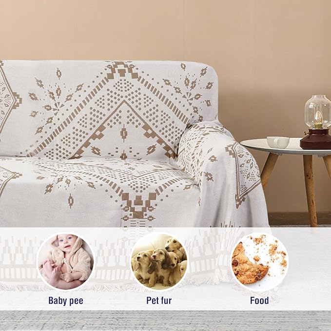 H.VERSAILTEX Reversible Sofa Cover Couch Cover for Dog Sofa Slipcover for Most Shape Sofa Furniture Protector with Tassels Sectional Couch Cover (Medium: 71" x 91", Sand/White)