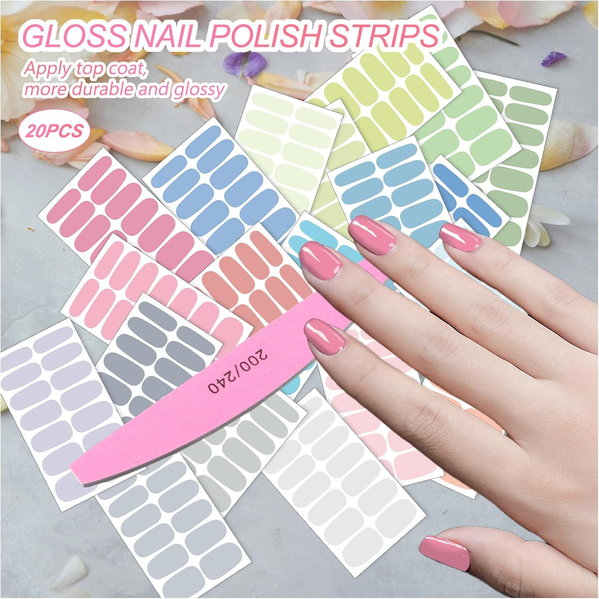 SILPECWEE Nail Stickers Full Nail Wraps (20 Sheets, Light Color), Self Adhesive Nail Polish Strips, Gel Strips Manicure Design, Fingernail Sticker Nails for Women with File