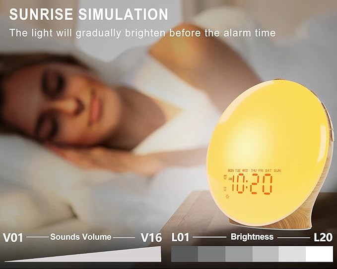 Wake Up Light Sunrise Alarm Clock for Kids, Heavy Sleepers, Bedroom, Full Screen with Sunrise Simulation, Dual Alarm, FM Radio, 15 Nightlights, 8 Sounds, Sleep Timer, Wood Grain