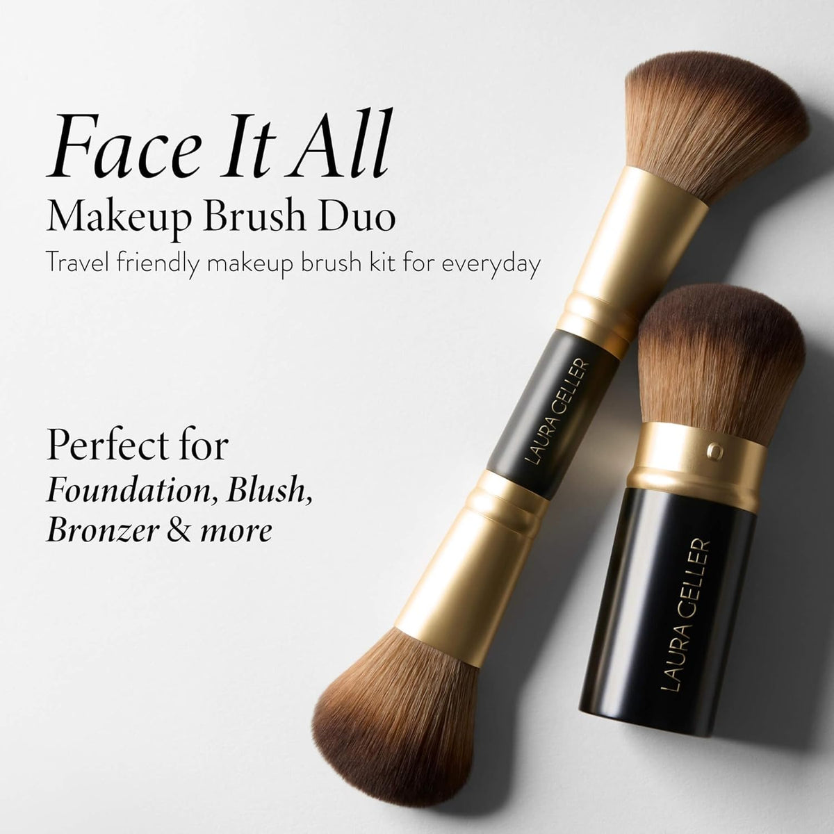 LAURA GELLER NEW YORK Face It All 2pc Makeup Brush Set - Retractable Airbrush Kabuki Brush + Dual-Ended Blush and Bronzer Brush