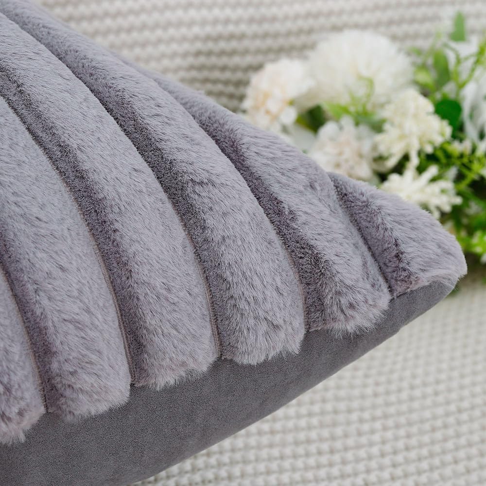MADIZZ Set of 2 Faux Wool Plush Decorative Throw Pillow Covers 24x24 Inch Grey Fluffy Striped Soft Decorative Cushion Cover for Sofa Bedroom Pillow Shell