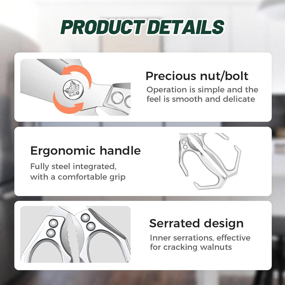 Multifunctional Heavy-Duty Kitchen Shears, Heavy Duty Kitchen Scissors for Food with Ergonomic Handle, High-Carbon Steel Culinary Shears for Chicken, Meat, Seafood, Bone Cutting (Black)