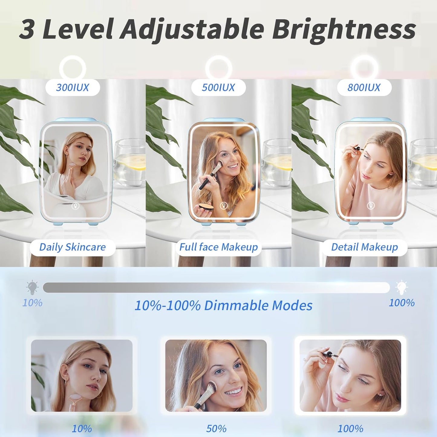 YASHE Skincare Fridge Mini Fridge for Bedroom with Dimmable LED Mirror, 4Liter/6 Cans Cooler and Warmer for Makeup, Cosmetic, Beauty, Portable Refrigerator for Bedroom, Vanity, Office and Car- Blue