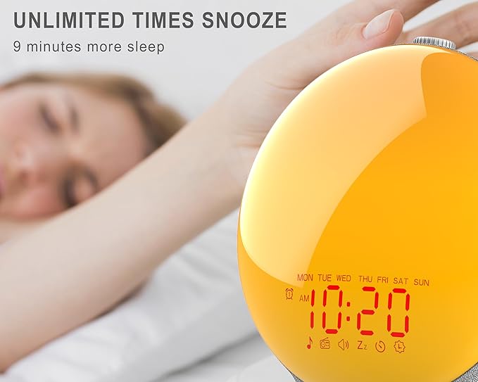 Wake Up Light Sunrise Alarm Clock for Kids, Heavy Sleepers, Bedroom, Upgraded Full Screen with Sunrise Simulation, Sleep Aid, Dual Alarms, FM Radio, Nightlight, 14 Colors, 7 Sounds, Fabric Light Gray