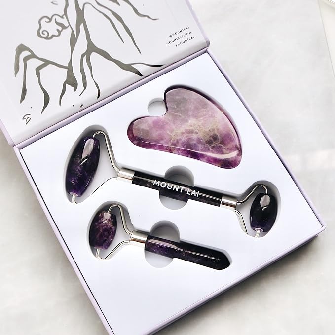 Mount Lai Amethyst Trio Calming Facial Set, Facial Roller and Amethyst Gua Sha Facial Tools Set, Guasha Tool for Face to Relieve Muscle Tension and Reduce Puffiness, Anti Aging Skin Care Sets
