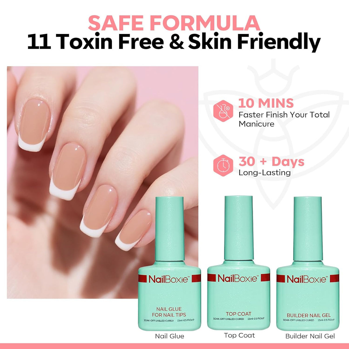 Modelones Gel Nail Kit, Press On Nails Kit with LED Light, 150 PCS Extra Short Pink Square, 15 Sizes French Tip Press on Nails, NailBoxie Pre-Colored Nail Tips for Easy DIY Nail Art