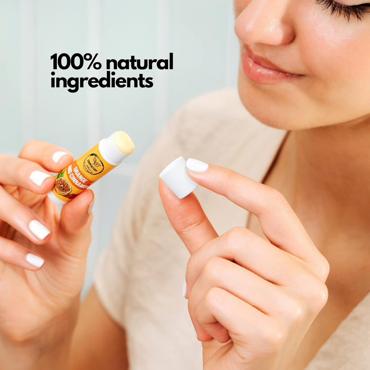 SoapFactory Natural Lip Balm for Dry cracked Lips with Orange and Cinnamon, Vegan, Organic Certified, Lip Care with Carnauba Wax for Women and Men, 0.17 ounce