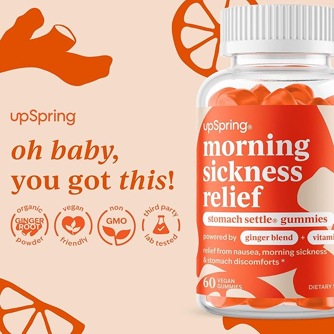 UpSpring Morning Sickness Relief Gummies – Natural Support for Pregnancy Nausea – Vegan, Ginger, Spearmint, Lemon & Vitamin B6 – 60 Gummies