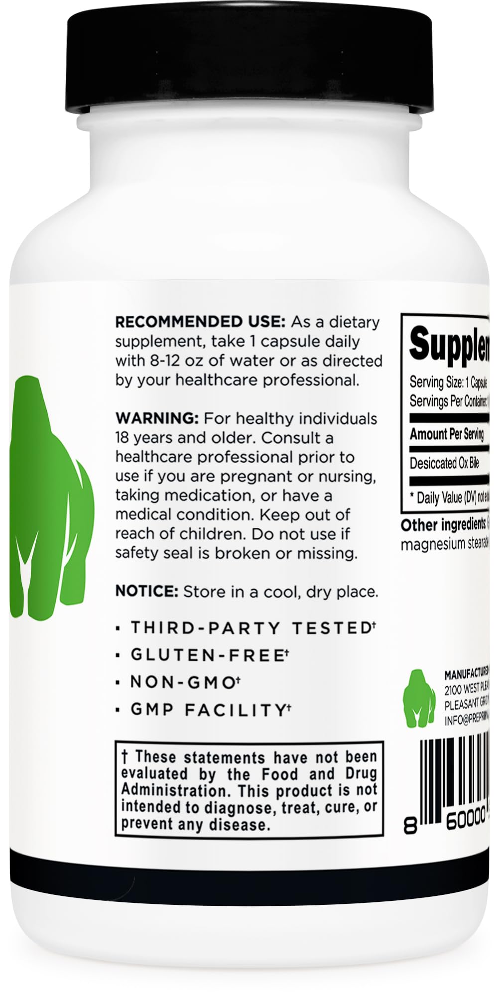 Primal Ox Bile (120 Capsules, 500 MG per Serving) - Gluten-Free, Non-GMO, Third-Party Tested