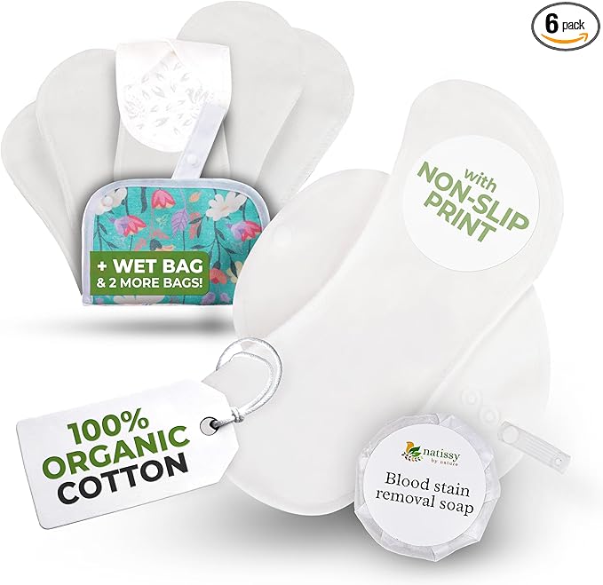Non-Slip Premium Reusable Period Pads for Light Flow (S+M, 6-Pack); High-Temp Washable Organic Cotton Cloth Pad for Women & Teens; Non-Irritating Reusable Pads Menstrual for Comfortable Period Care