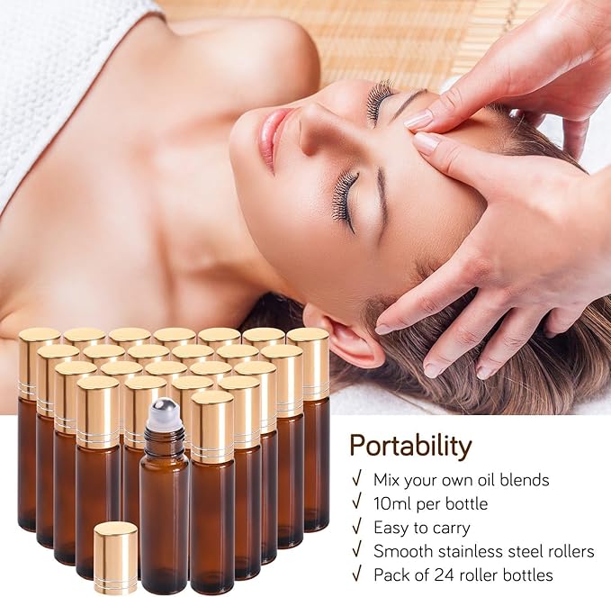 PrettyCare 24 Pack, 10 ml Essential Oil Roller Bottles with Stainless Steel Roller Ball - Refillable Leak-proof Empty Thick Amber Glass Roll on Bottles with Metal Caps for Travel, Perfume