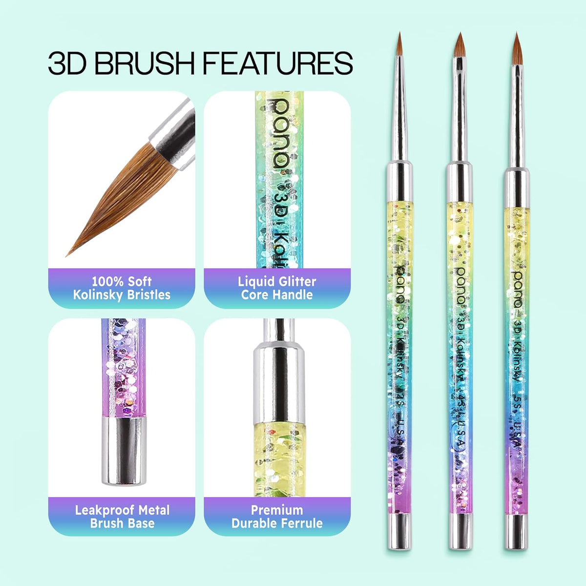 PANA 3D Kolinsky Nail Art Brush - Rainbow Glitter Handle, Size 2 - Acrylic Nail Art Sculpture Brush for Manicures Pedicure Salon Professional or Beginner