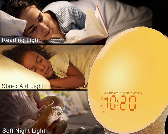 Wake Up Light Sunrise Alarm Clock for Kids, Heavy Sleepers, Bedroom, Full Screen with Sunrise Simulation, Dual Alarm, FM Radio, 15 Nightlights, 8 Sounds, Sleep Timer, Wood Grain