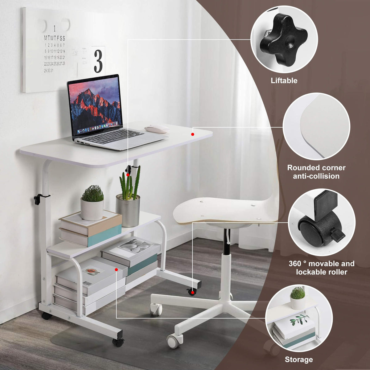 Adjustable Height Mobile Computer Desk for Small Space Rolling Writing with Wheels Corner Home Office Study Portable Bedrooms Work Desk Standing Table Sizes 31.5X15.7 Inches White