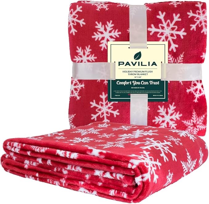 PAVILIA Christmas Throw Blanket | Red Snowflake Christmas Fleece Blanket | Soft, Plush, Warm Winter Cabin Throw, Twin 60x80 (Red/White Snowflake)