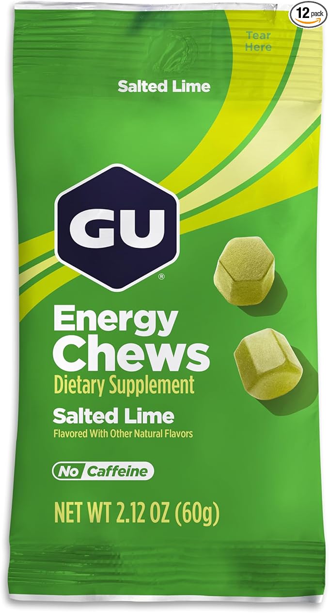 GU Energy Chews, Salted Lime Energy Gummies with Electrolytes, Vegan, Gluten-Free, Kosher, Caffeine-Free, and Dairy-Free On-The-Go Energy for Any Workout, 12 Bags (24 Servings Total)