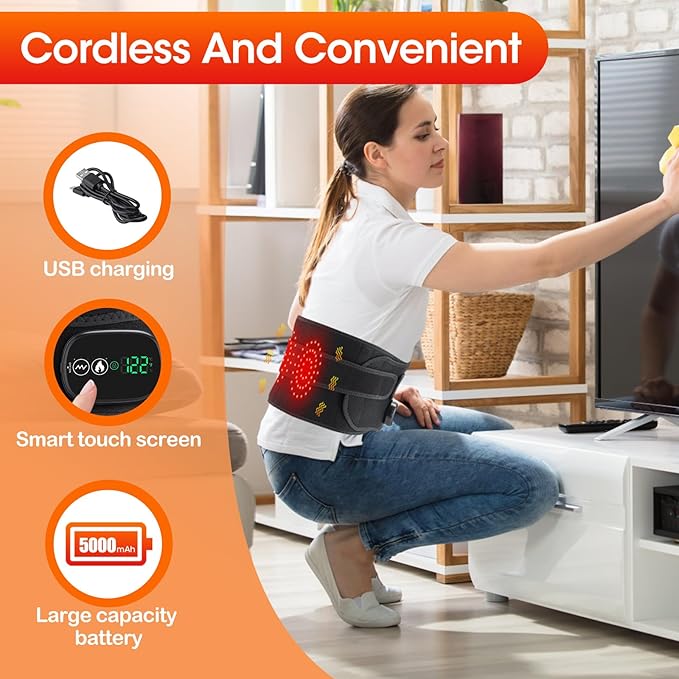 Cordless Heating Pad with Vibration for Back Pain Relief, XL Heated Back Belt Wrap with 3 Fast Heating and Vibration Massage Modes, 5000mAh Battery Operated Heat Pad for Back, Waist, Lumbar (Black)