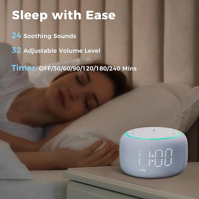White Noise Machine Alarm Clock for Bedrooms - 5W Stereo Bluetooth Speaker - 24 Soothing Sounds - 9 Night Lights - Auto-Dimmable Digital Alarm Clock Sound Machine for Sleeping