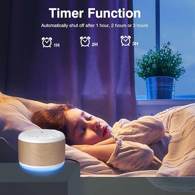 Solid Wood White Noise Sound Machine for Baby Adults Kids Sleep Sound Machine with 24 Soothing Sounds 8 Colors Night Light Timer Setting Function Portable Noise Machine for Gift (White, 3.93)