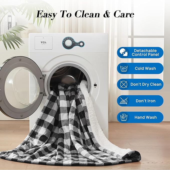 Westinghouse Electric Blanket Queen Size, Soft Flannel to Sherpa Heated Blanket with Dual Control 10 Heating Levels & 1 to 12 Hours Auto-Off, Machine Washable, Fast Heating, 84 * 90 Inch, Black