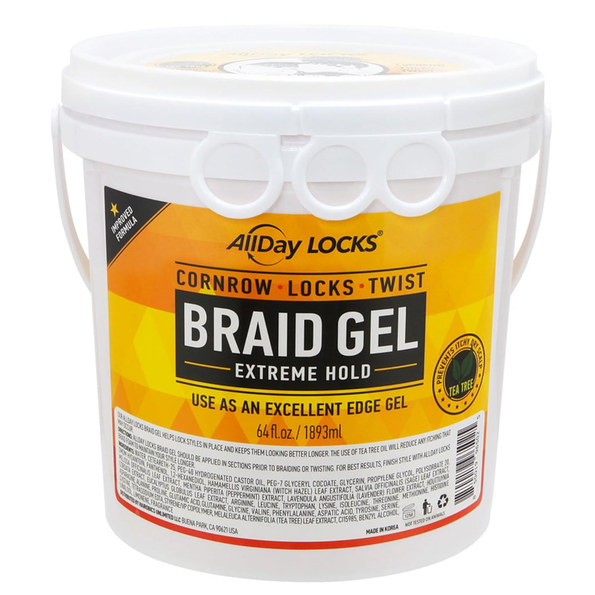 AllDay Locks Braid Gel (Bucket) | Extreme Hold, High Shine | Frizz & Flake-Free Edge Control | Tea Tree, Lavender, Peppermint Oil | Slick & Style Braids, Locks, Twists, Cornrows | 64 oz