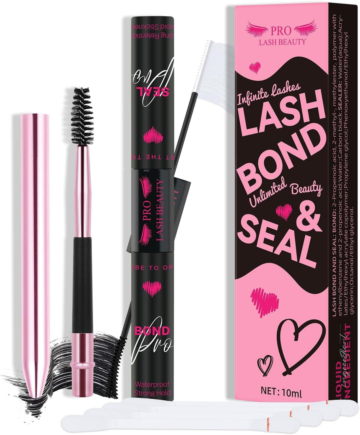 Lash Bond and Seal Cluster Lash Glue & Seal Waterproof Bond and Seal Cluster Lash Glue for DIY Eyelash Extensions Waterproof Strong Hold (5ml+5ml, Black Bond & Clear Seal)