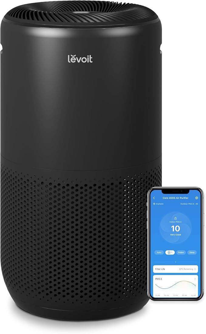 LEVOIT Air Purifiers for Home Large Room Up to 1733 Ft² in 1 Hr With Air Quality Monitor, HEPA Sleep Mode, Auto Mode, Smart WiFi, 3-in-1 Filter Captures Pet Allergies, Smoke, Dust, Core 400S-P, Black