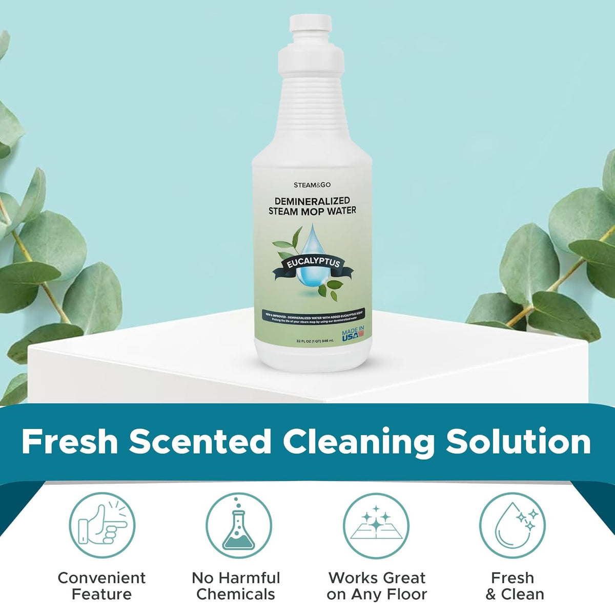 Steam & Go - Demineralized Water for Steam Cleaner, PVC-Free Floor Cleaner Liquid Compatible With Any Steam Mop, Ready-to-Use Multisurface Cleaner, Scented Mop Solution, Eucalyptus Mint, 32 oz