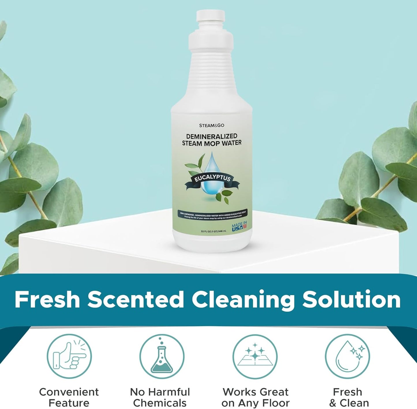 Steam & Go Demineralized Water for Steam Cleaner, PVC-Free Floor Cleaning Liquid Compatible With Any Steam Mop, Ready-to-Use Multisurface Cleaner, Scented, Eucalyptus Mint, 32 oz, Pack of 6