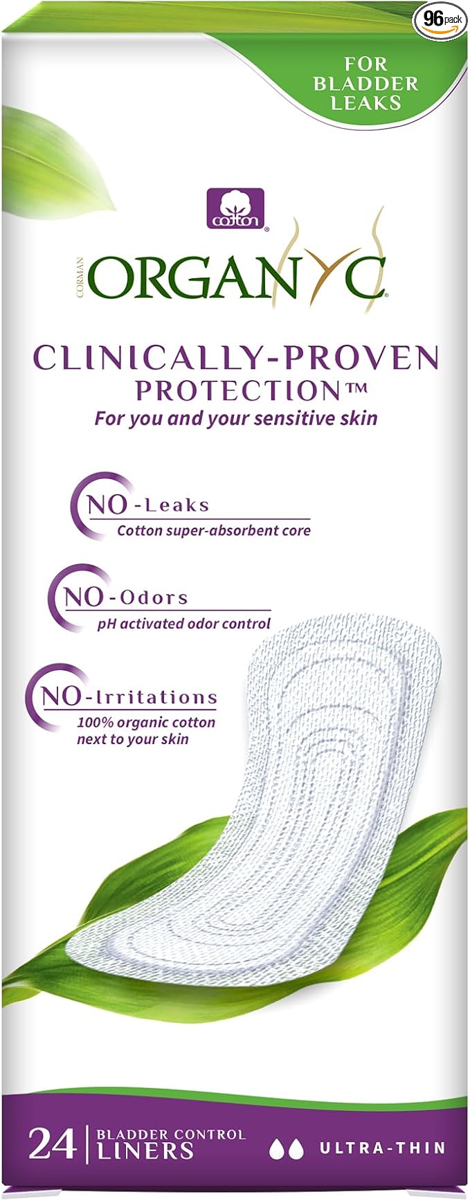 Organyc Certified Organic Cotton Liners for Incontinence, Certified Odor Control, Free from Perfumes, Dyes, Plastics, and Chemicals, Ultra-Thin, 96 Count
