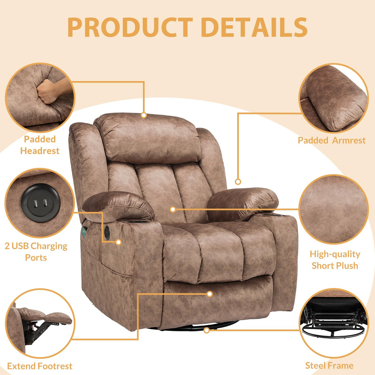 W WARMHOL 360° Swivel Glider Rocking Recliner Chair, Overstuffed Manual Massage Recliner with Heat and Vibration, Single Modern Sofa Home Seating for Living Room, Cup Holders/USB Ports (Plush-Brown)