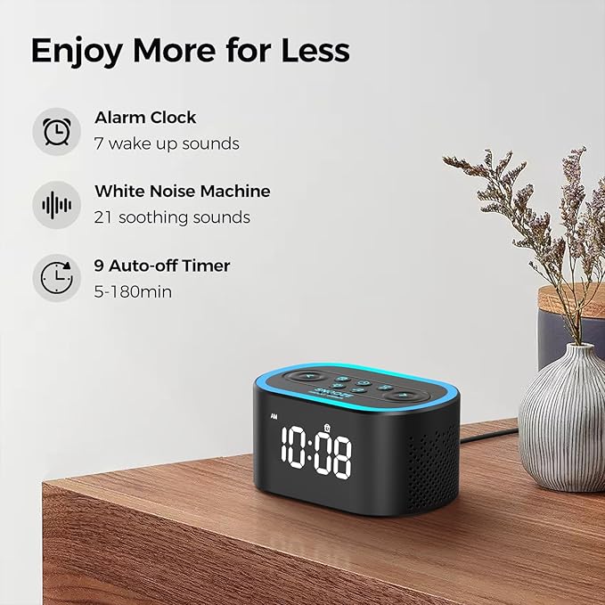 Reacher Digital Alarm Clock & White Noise Sound Machine, 21 Soothing Sounds, 7 Wake Up Sounds, 8 Night Lights, 32-Level Volume, 9 Sleep Timer, Memory Function for Adult, Kid, Bedside, Bedroom
