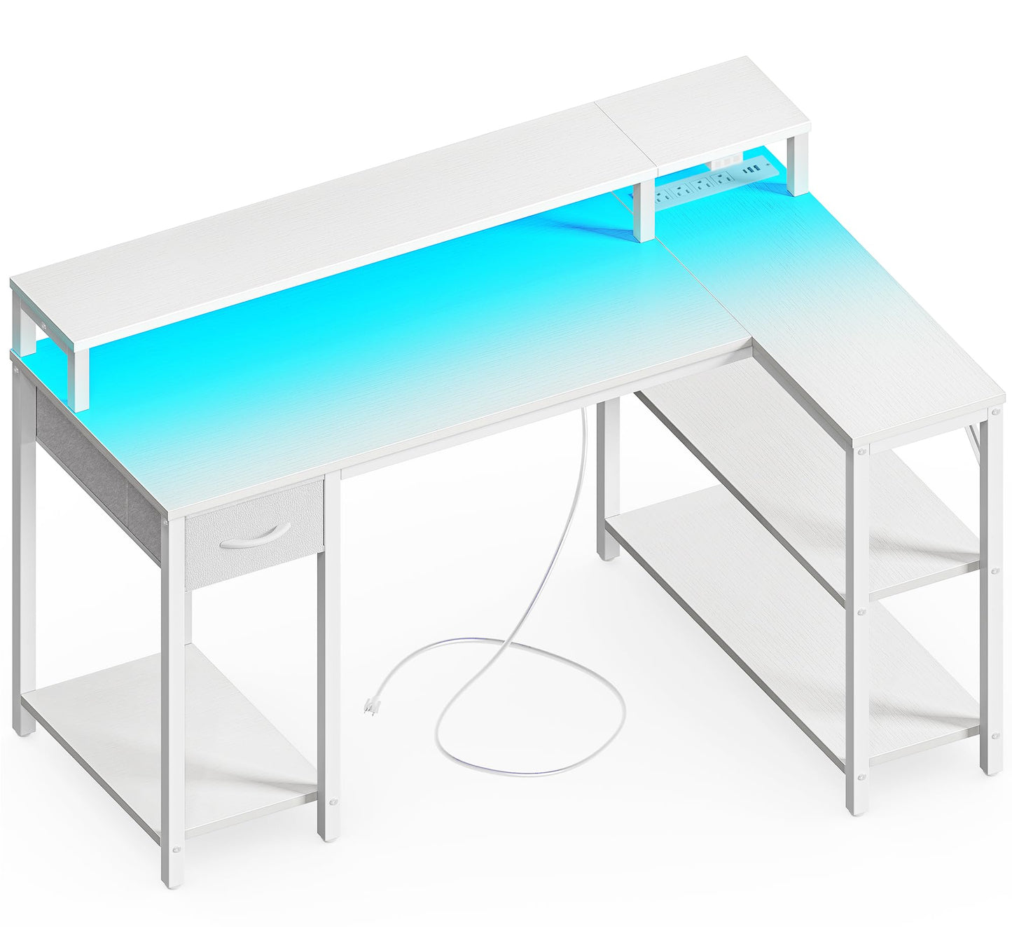 SUPERJARE 47 inch Reversible L Shaped Desk with LED Lights & Power Outlets, Computer Desk with Shelves & Monitor Stand, Gaming Desk with Drawer, Home Office Desk Corner Desk, PU White Drawer