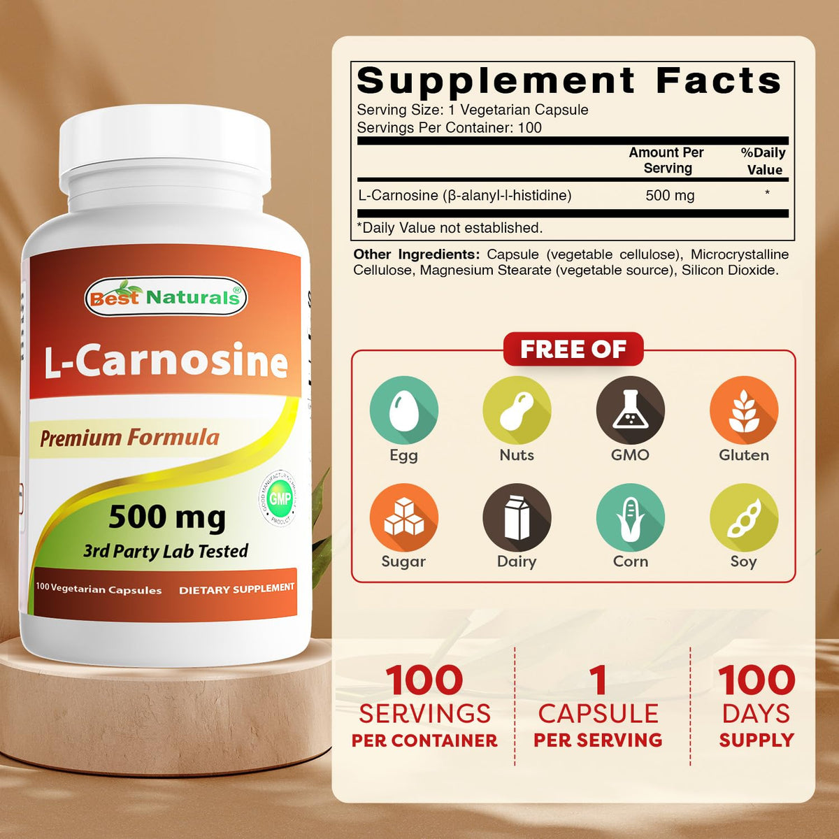 Best Naturals L-Carnosine 500 mg 100 Vcaps (100 Count (Pack of 2))