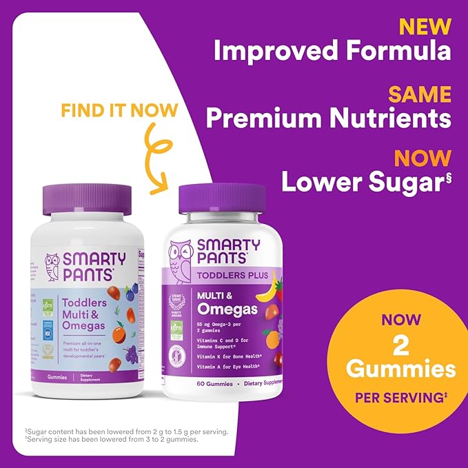 SmartyPants Toddler Multivitamin Gummies: Omega 3 Fish Oil (EPA/DHA), Vitamin D3, C, Vitamin B12, B6, A, K & Zinc, Biotin, Beta Carotene, Gluten Free, Three Fruit Flavors, 70 Count (23 Day Supply)