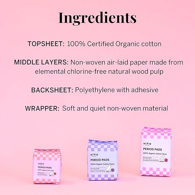 Pixie Organic Cotton Overnight Pads for Women - Extra Heavy Absorbency with Wings - Leak-Proof, Hypoallergenic & Unscented - Compostable, Biodegradable - 36 Count