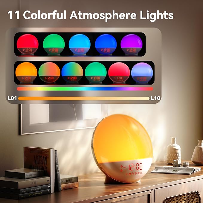 Wake Up Light, Sunrise Alarm Clock with 10,000 Lux Therapy Light, White Noise Sound Machine with Sleep Aid, 11 Atmosphere Lights, Dual Alarm & Snooze Function