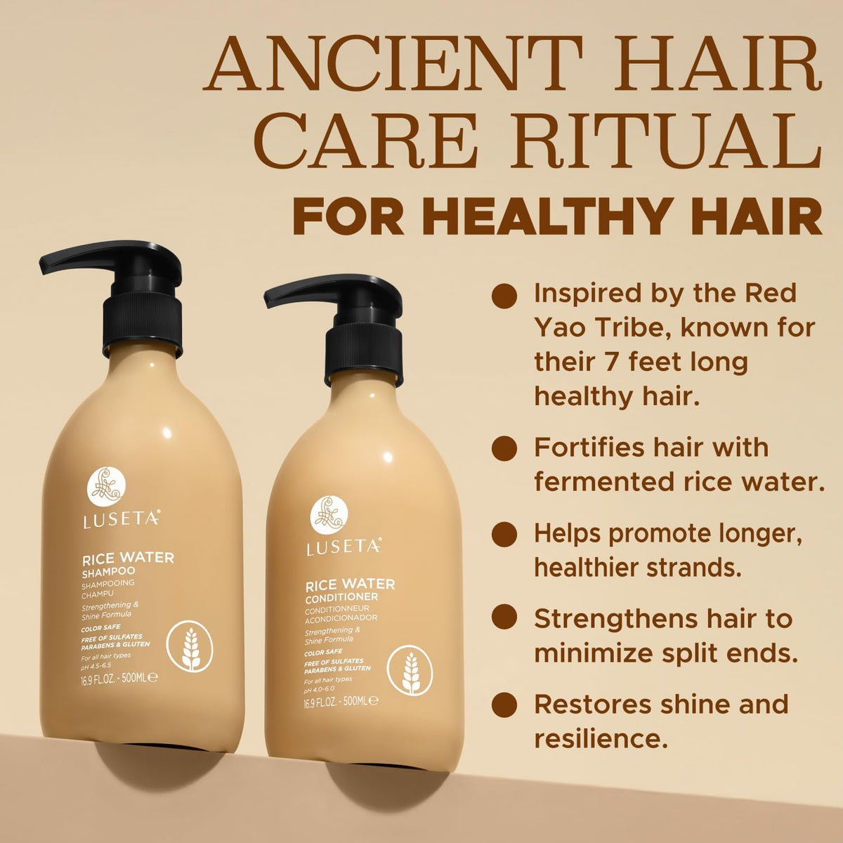 Luseta Rice Water Shampoo and conditioner Set Strengthening & Nourishing Revitalizes Shine for All Hair Types Hydrating & Frizz Control for Women and Men 16.9oz*2