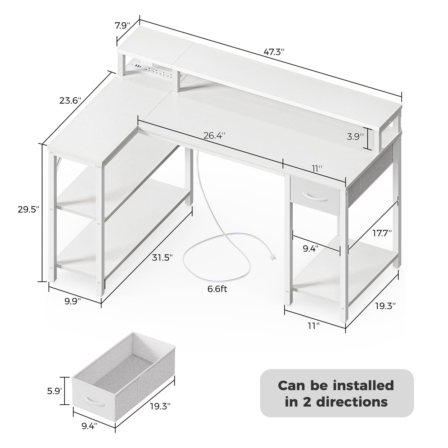 SUPERJARE 47 inch Reversible L Shaped Desk with LED Lights & Power Outlets, Computer Desk with Shelves & Monitor Stand, Gaming Desk with Drawer, Home Office Desk Corner Desk, PU White Drawer