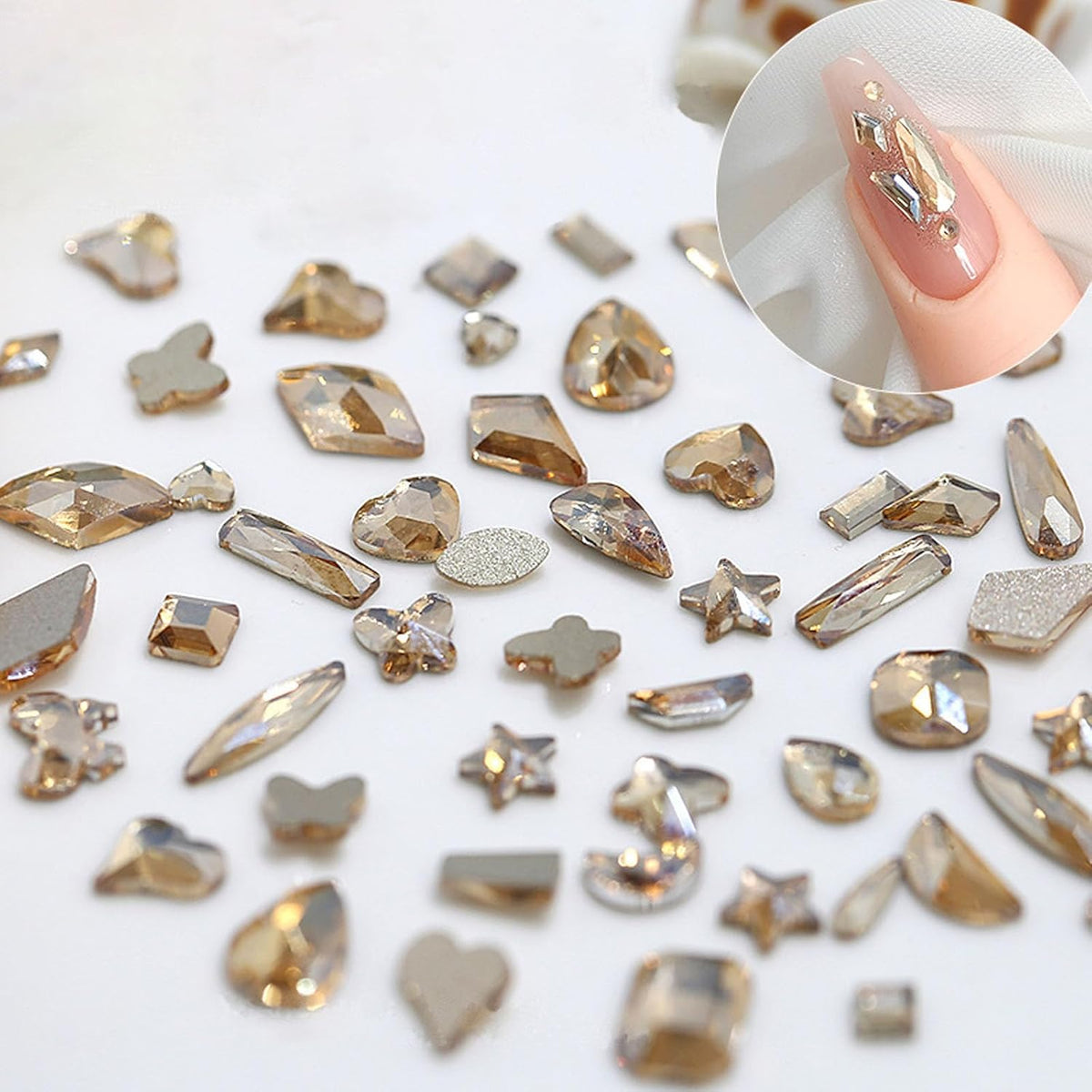 Nail Rhinestones Kit, 18 Types of 900 Special-Shaped Nail Diamonds + 3200 Flat-Bottomed Rhinestones, Champagne Crystals DIY Crafts Gold Gemstones for Nail Art Design
