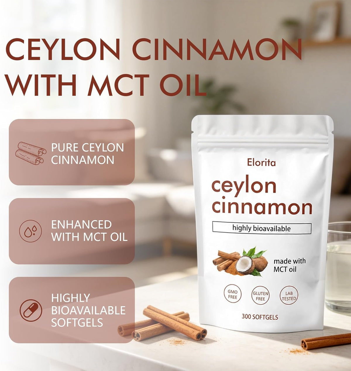 TMKTMK Noralife Ceylon Cinnamon, Ceylon Cinnamon with Mct Oil, 300 Softgels