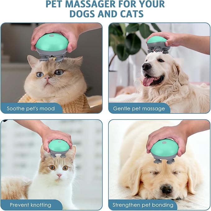 Upgraded Handheld Pet Massager for Dogs and Cats, Electric Cat Massager Dog Massager, with 4 Rotatable Massage Heads, Three Modes, for Relieving Tight Stiffness Muscles, Promote Bonding, Green
