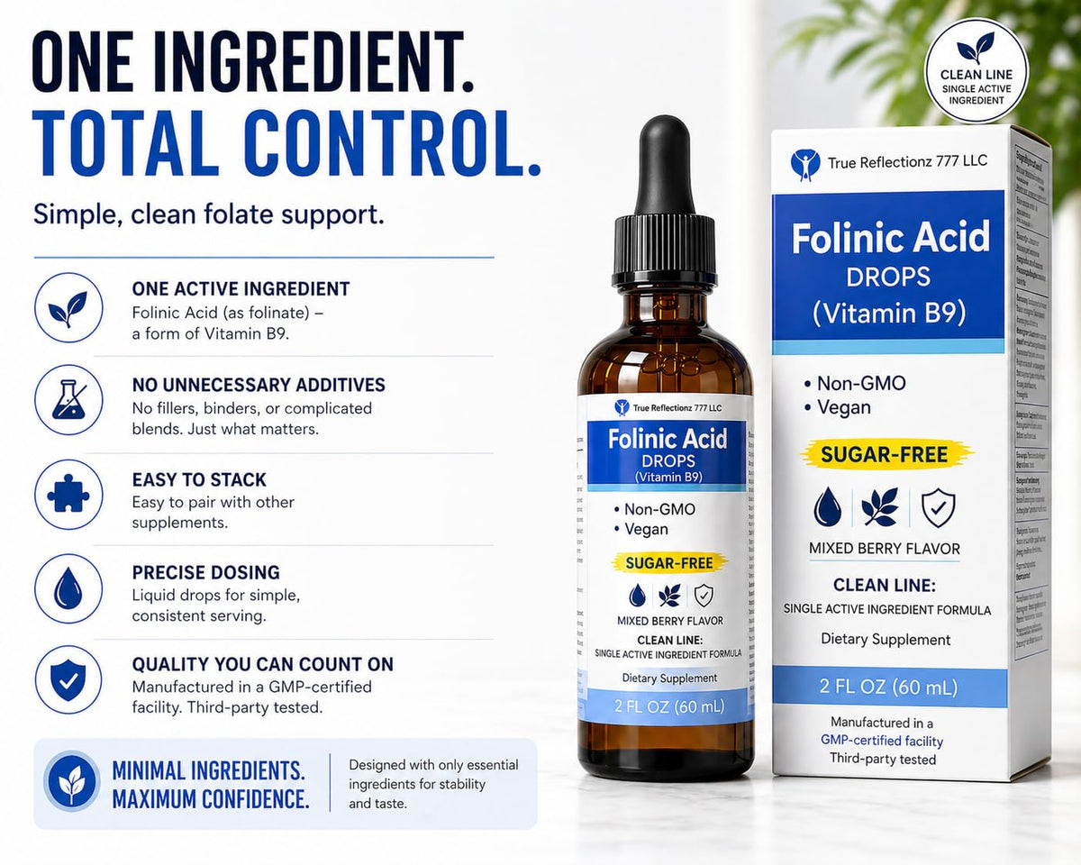True reflectionz Folinic Acid Drops Kids & Adults - 500mcg Vitamin B9 Liquid Kids 60 mL | Methylation Support Supplement | Bioavailable Folate | Sugar Free, Non-GMO, Vegan | Gentle Methylation