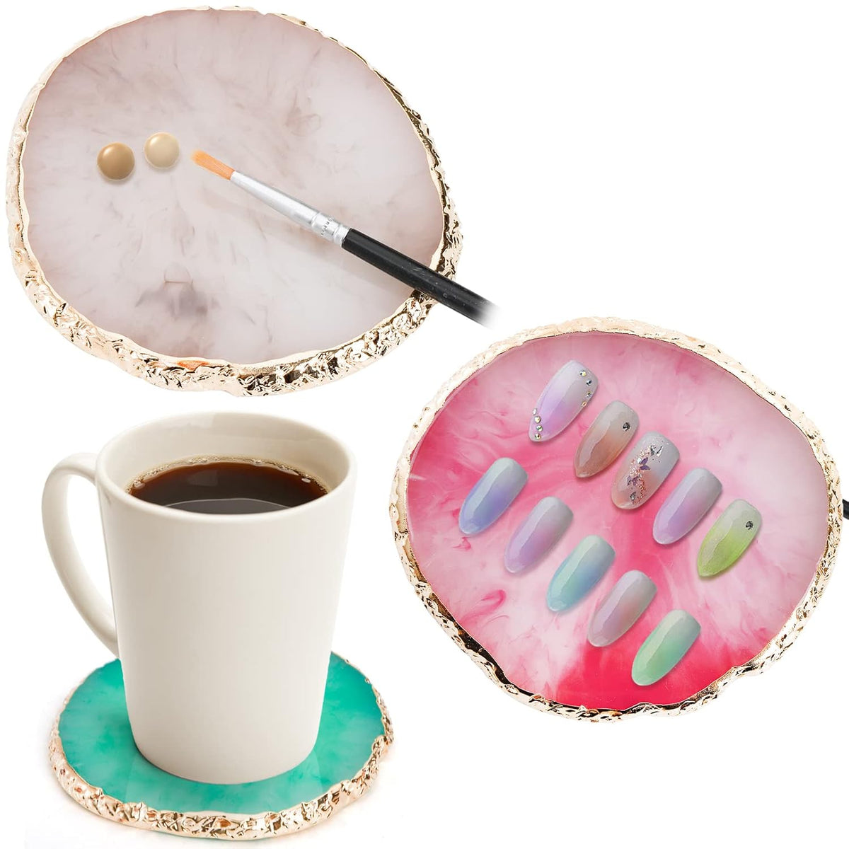 ZOOFOX 6 Pieces Resin Nail Art Palette, Nail Art Painting Mixed Color Palette with Gold Edge, Nail Gel Color Makeup Display Board