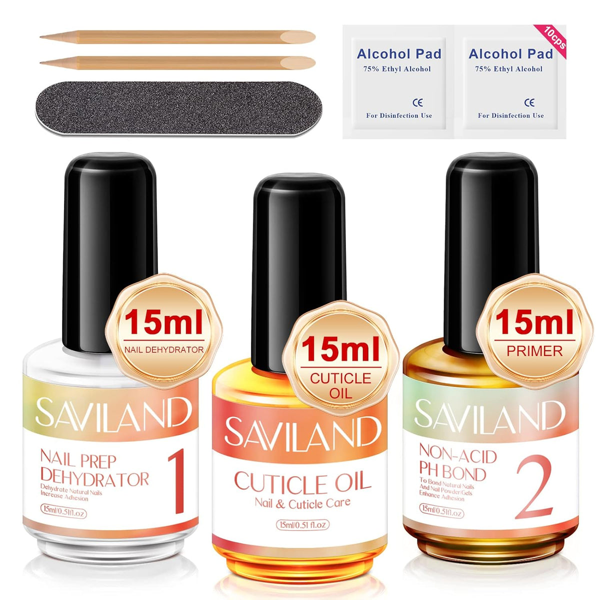 SAVILAND 15 ML Nail Dehydrator and Primer and Cuticle Oil for Nails – 16PCS Natural Acid-free Nail Primer and Dehydrator Nail Prep for Gel Nail Polish & Acrylic Nails Salon Nail Art Tools