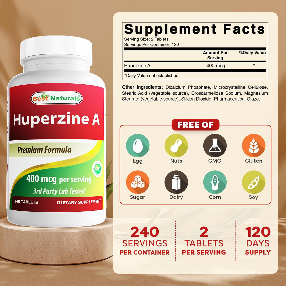 Best Naturals Huperzine A 400 mcg Per Serving- 240 Tablets, Gluten Free and Non-GMO