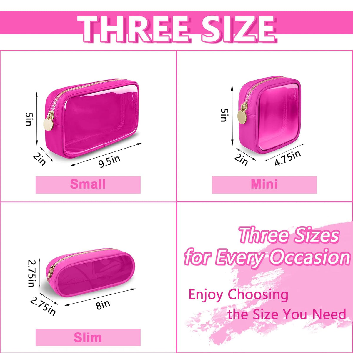 Clear Mini Makeup Bag, Small Nylon&PVC Cosmetic Travel Bag TSA Approved Toiletry Bag with Zipper, Preppy Transparent Coin Purse for Women Men Girls(Mini-Hot Pink)