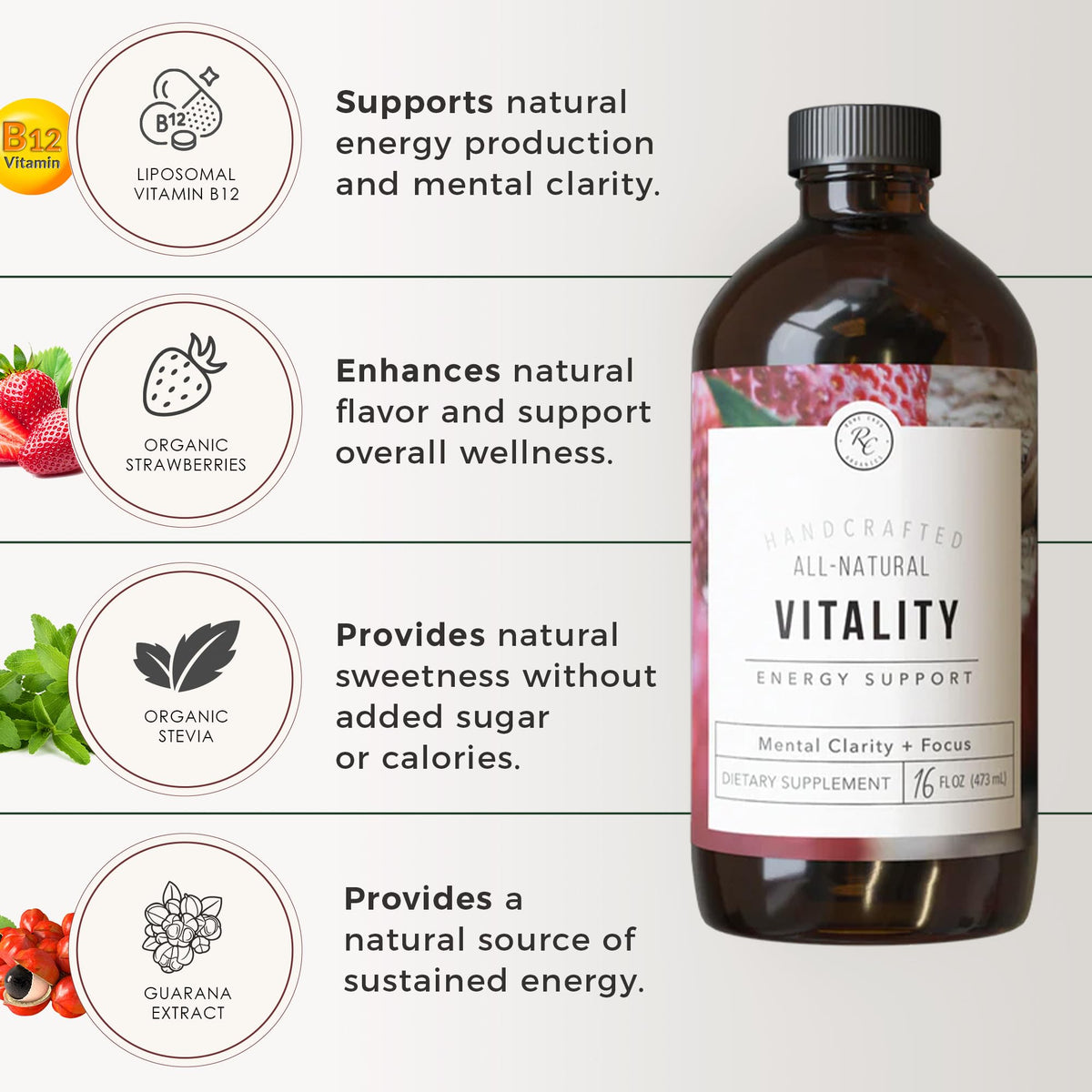 Rowe Casa Organics Vitality Energy Support with Strawberries, Guarana & Rhodiola Extract – Botanical Caffeine Liquid Vitamins for Daily Energy & Vitality – Adults – 16 Fl Oz