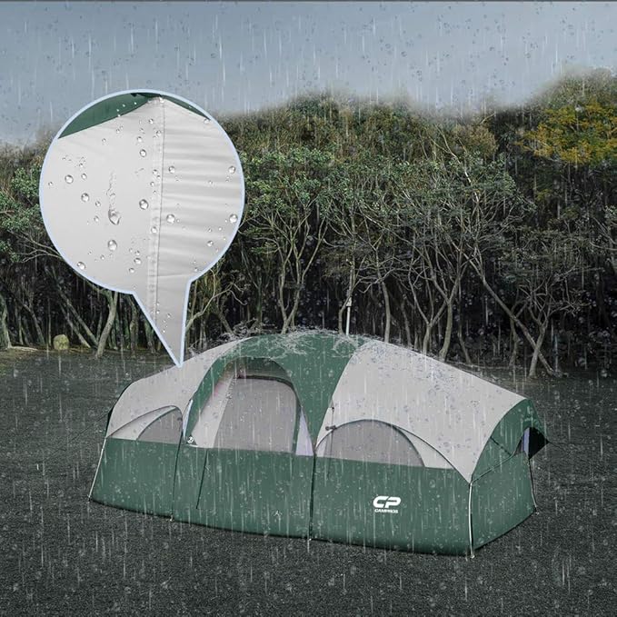 CAMPROS CP Tent 8 Person Camping Tents, Weather Resistant Family Tent, 5 Large Mesh Windows, Double Layer, Divided Curtain for Separated Room, Portable with Carry Bag